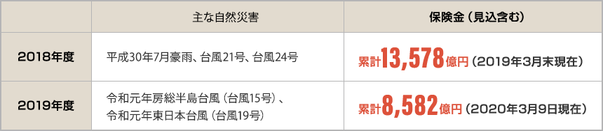 2018・2019年度に発生した主な自然災害による保険金支払い状況 表